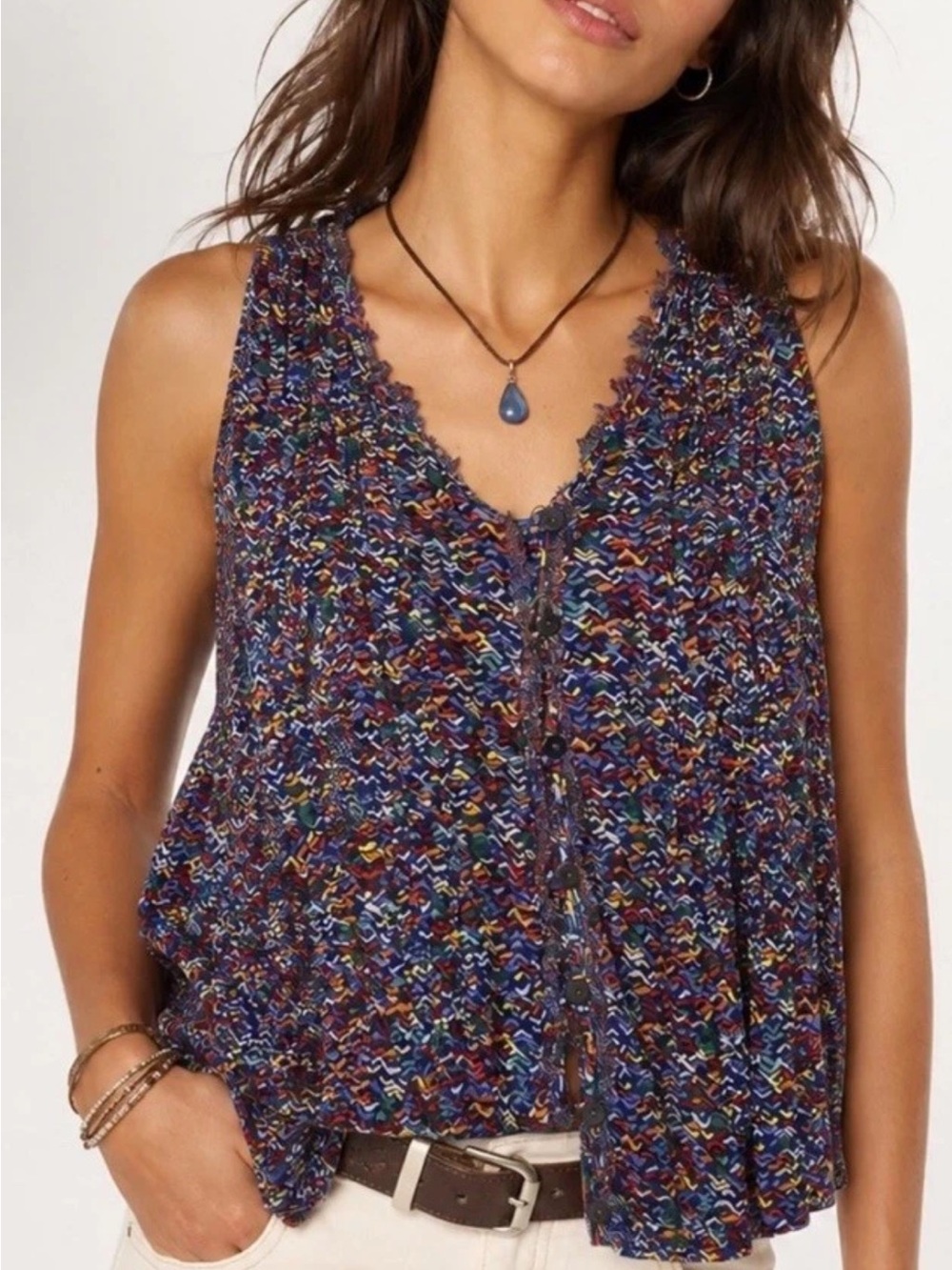 Maeve Anthropologie Boho Blue Multicolor Abstract Print Button Down Cami Top L